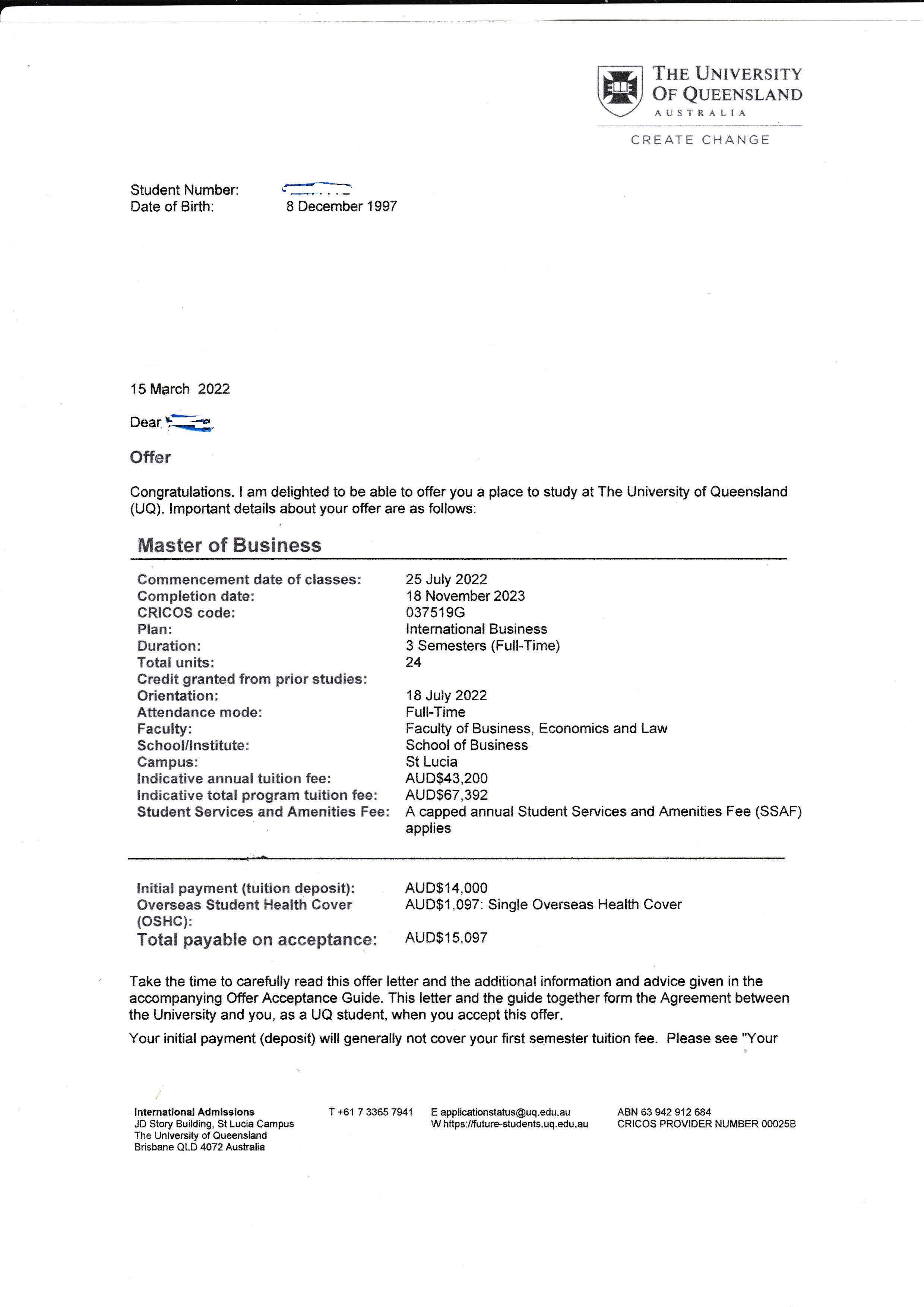 昆士兰大学国际商务硕士录取信